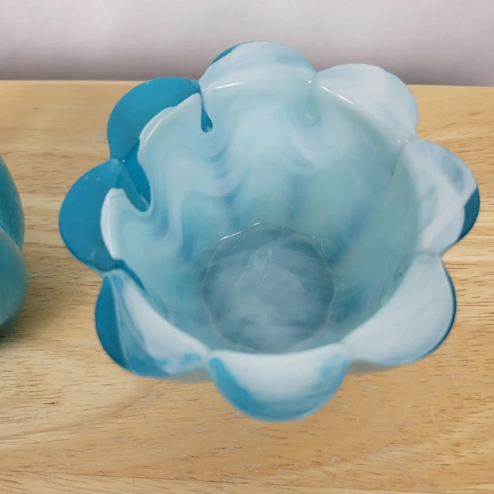 Teal Glass Votive Holders Flower Shape Swirl GlassDecorative Bowl Coastal MCM‎